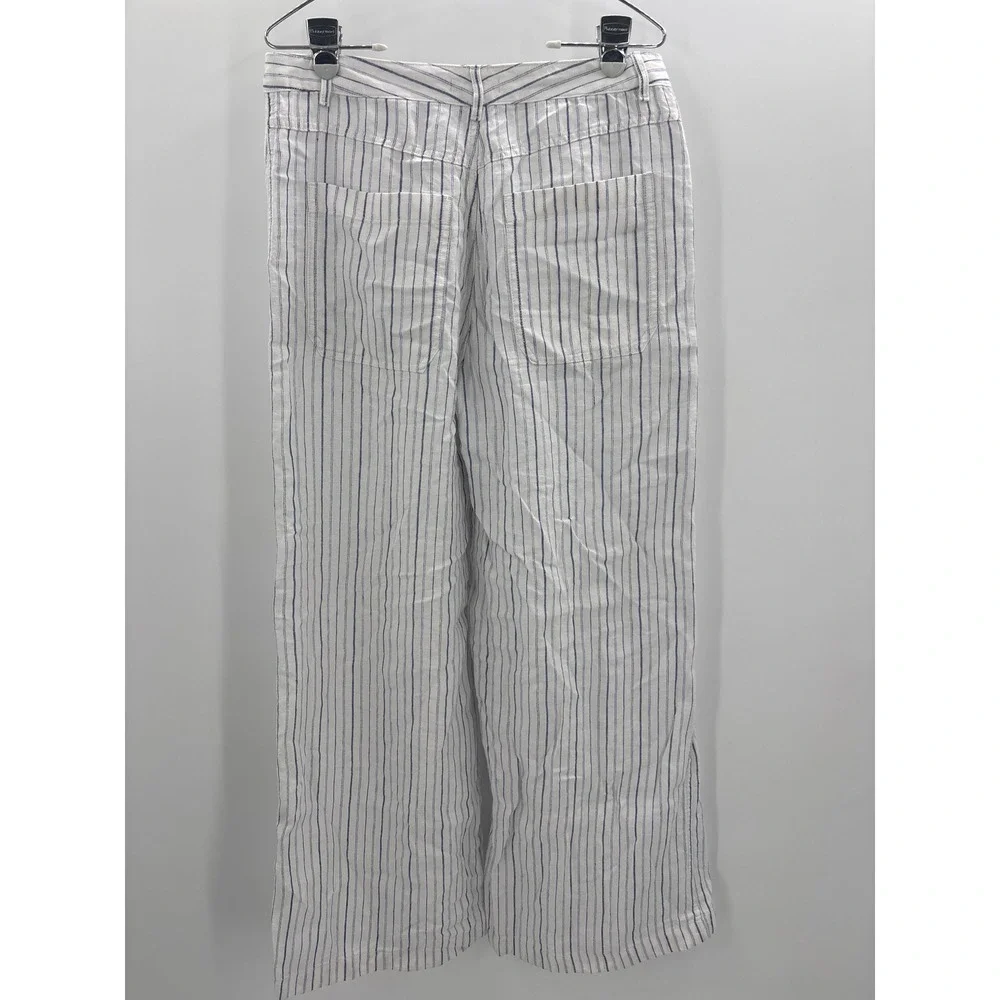 Madewell The Zoe Relaxed Wide Pant 100% Linen Striped White Blue size 6 NV159 - Picture 7 of 13